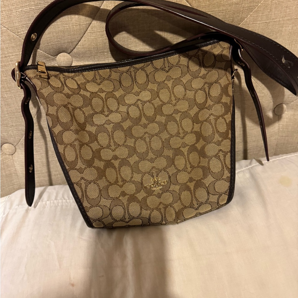 Brown Monogram Shoulder Bag with Leather Trim
